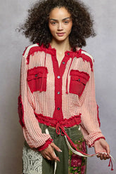 POL Texture Woven Button Down Hooded Shirt with Drawstring Hem OutfitFlow